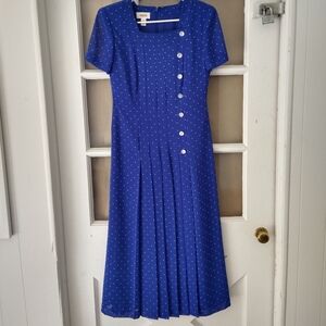 Vintage Talbots Polka Dot Pleated Maxi Royal Blue Dress Size 4